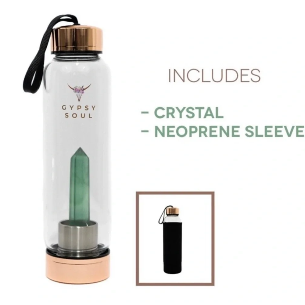 GYPSY SOUL AQUAMARINE QUARTZ BRAND NEW GLASS WATER BOTTLE WITH SLEEVE - Picture 7 of 10